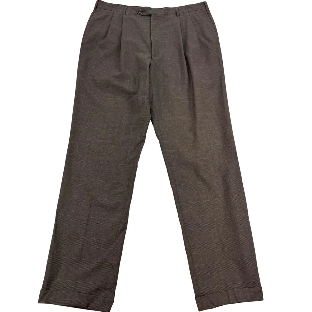 Jos A Bank Windsor Dress Pants Mens 38x33 Brown Wool Plaid Cuffed Classic Office
